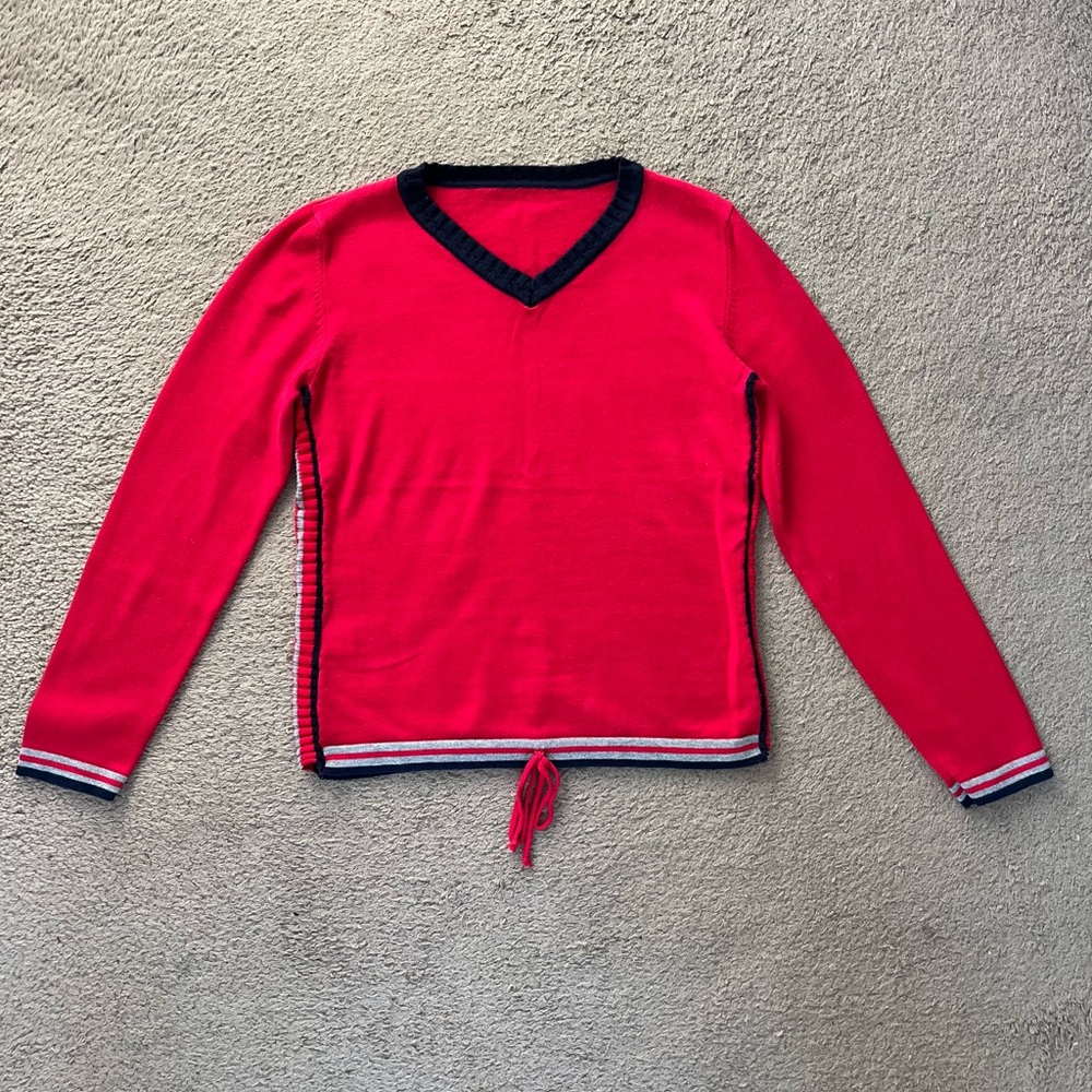 Red V-Neck Sweater with Black Trim